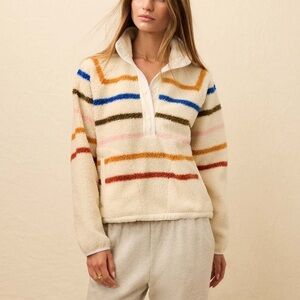 Faherty Fireside Cream Fleece Pullover with Multicolor Stripes